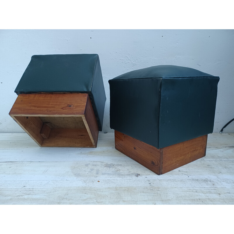 Pair of vintage poufs in pichpin and green leatherette, 1940