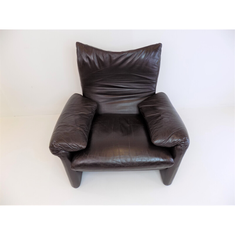 Vintage brown leather Maralunga armchair by Vico Magistretti for Cassina, 1970s