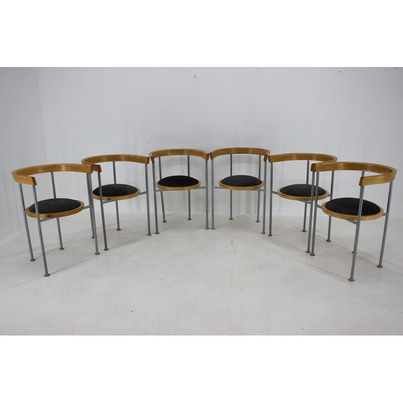 Conjunto de 6 cadeiras de madeira e veludo vintage de Borge Lindau para Bla Station, Suécia 1990
