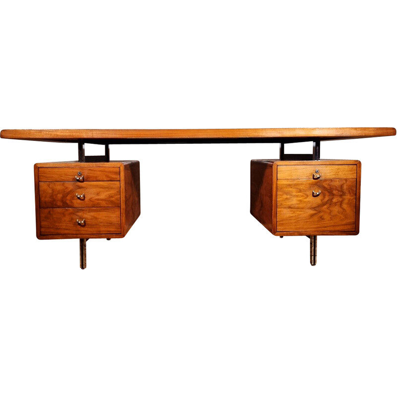 Vintage walnut veneer, chrome and lacquer desk, 1965