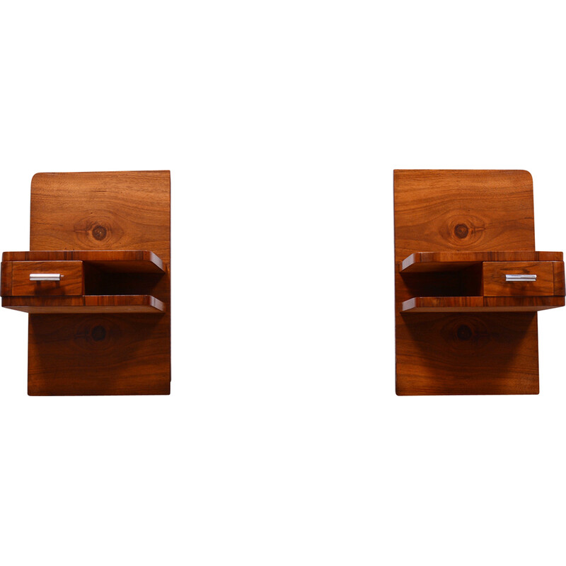 Pair of vintage Art Deco walnut night stands, Czechoslovakia 1930s