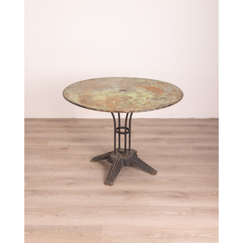 Vintage outdoor table with iron base and painted metal top, 1960s