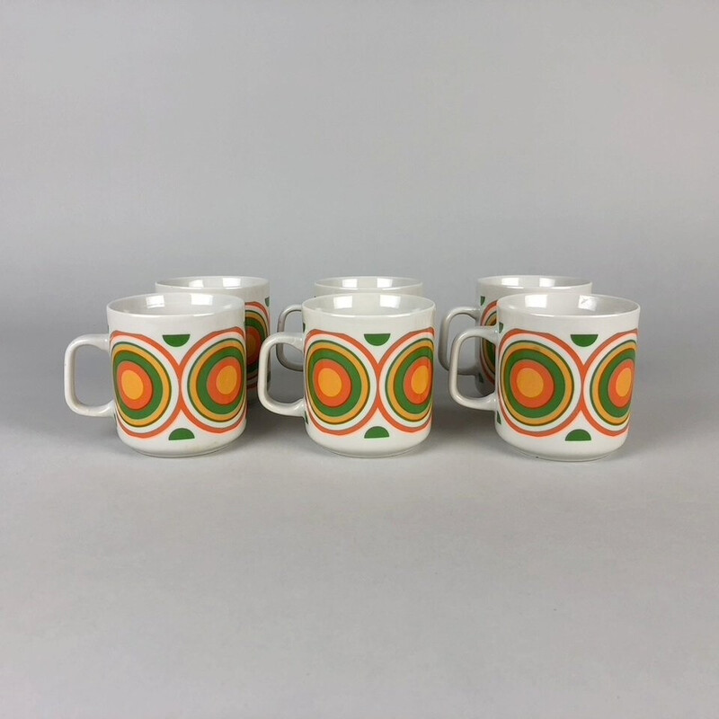 Ensemble de 6 tasses vintage avec motif cercle coloré par Lubiana, Pologne 1970