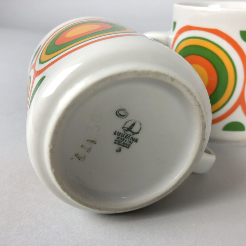 Ensemble de 6 tasses vintage avec motif cercle coloré par Lubiana, Pologne 1970