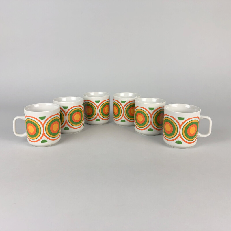Juego de 6 tazas vintage con diseño de círculos de colores de Lubiana, Polonia años 70
