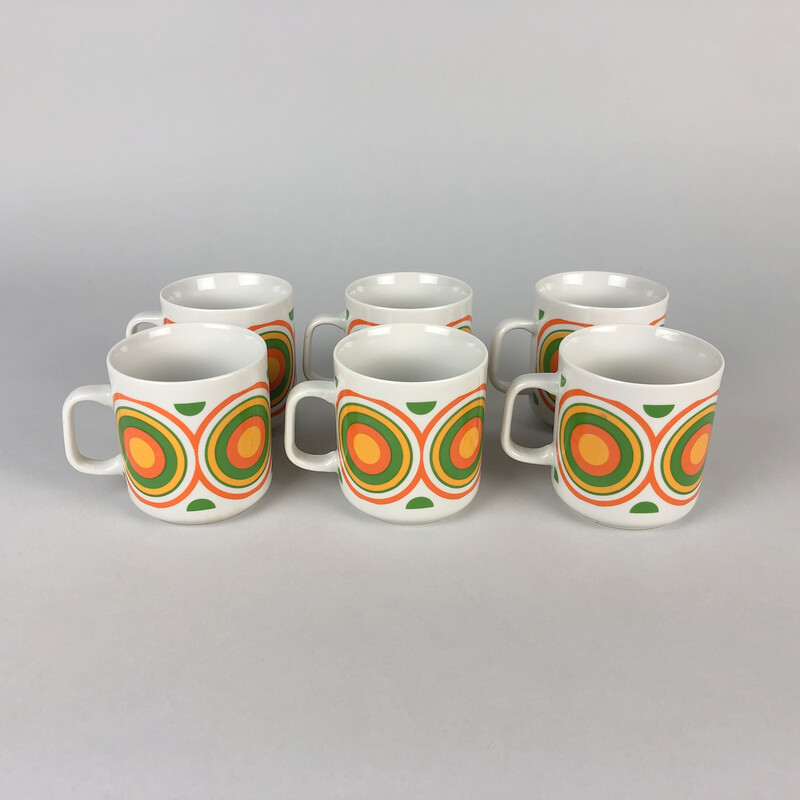 Ensemble de 6 tasses vintage avec motif cercle coloré par Lubiana, Pologne 1970