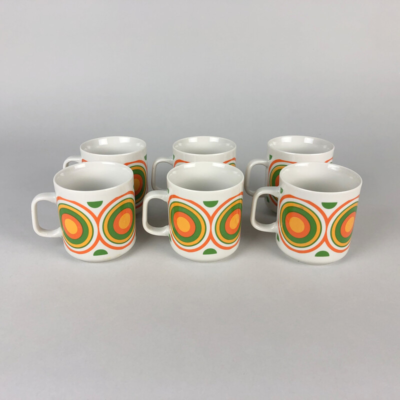 Set of 6 vintage mugs with colourful circle pattern by Lubiana, Poland 1970s