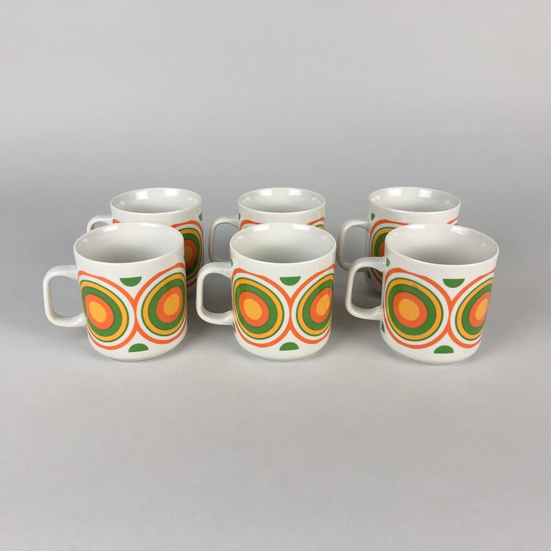 Set of 6 vintage mugs with colourful circle pattern by Lubiana, Poland 1970s