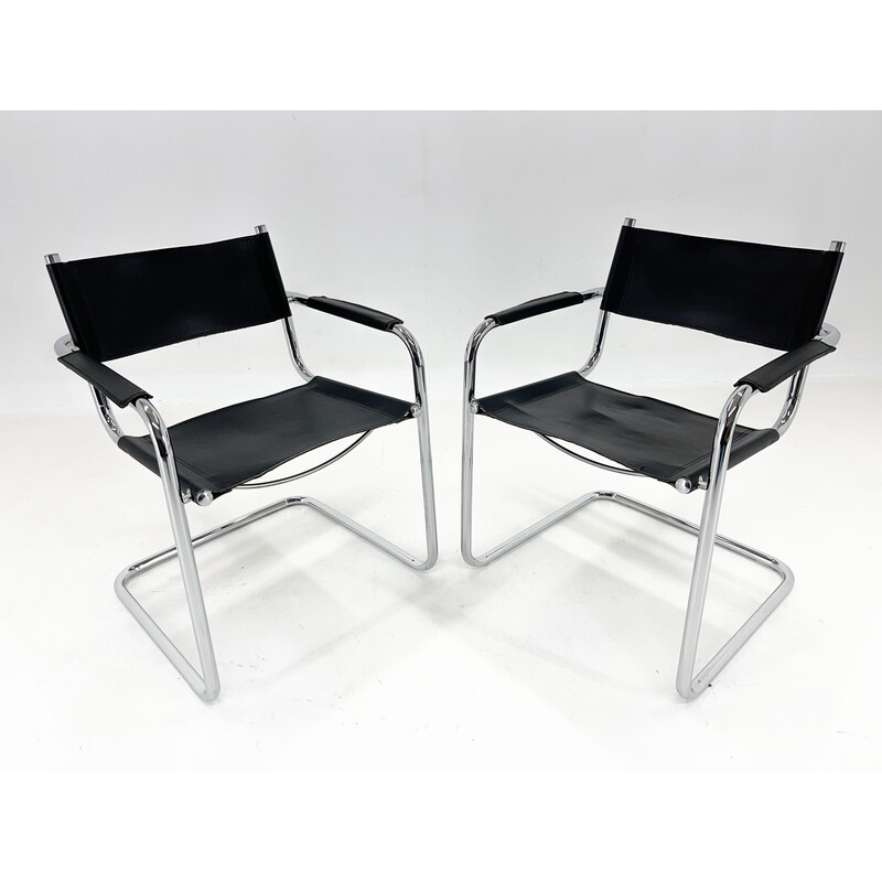 Pair of vintage leather and chrome armchairs by Mart Stam, Italy