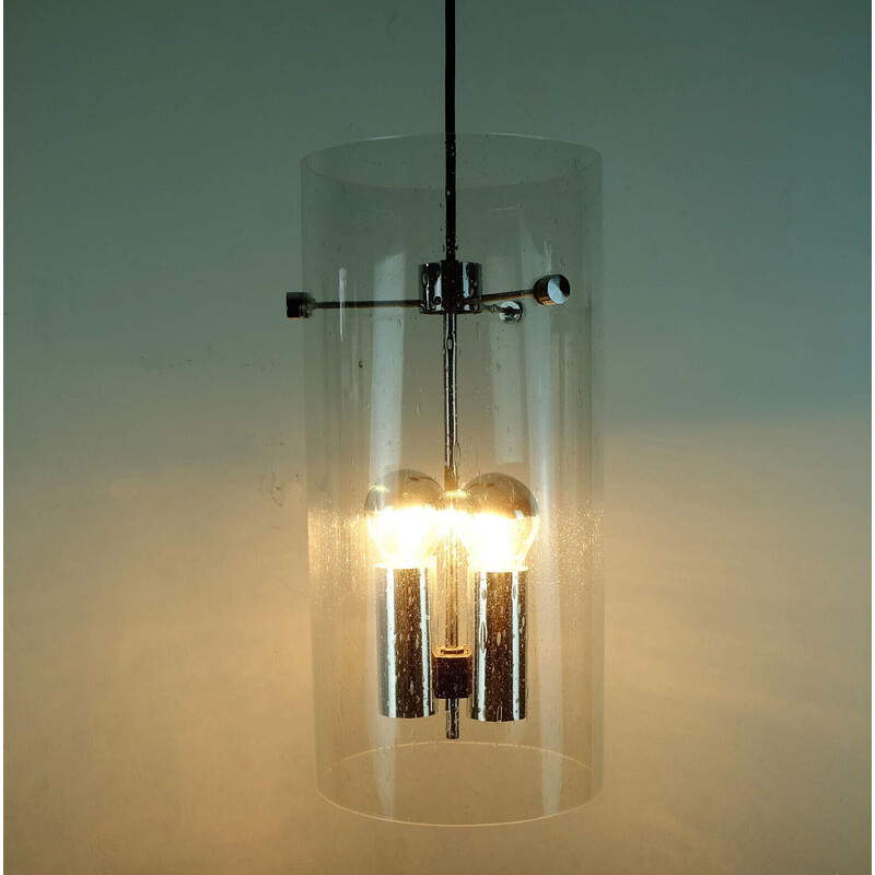 Modelo Vintage 4399 lâmpada cilíndrica com bolha de vidro e pingente cromado da Glashuette Limburg, 1970s