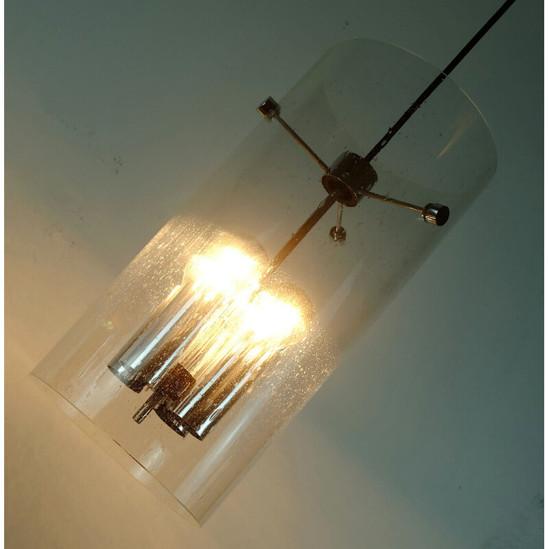Vintage model 4399 cylindrical bubble glass shade and chrome pendant lamp by Glashuette Limburg, 1970s