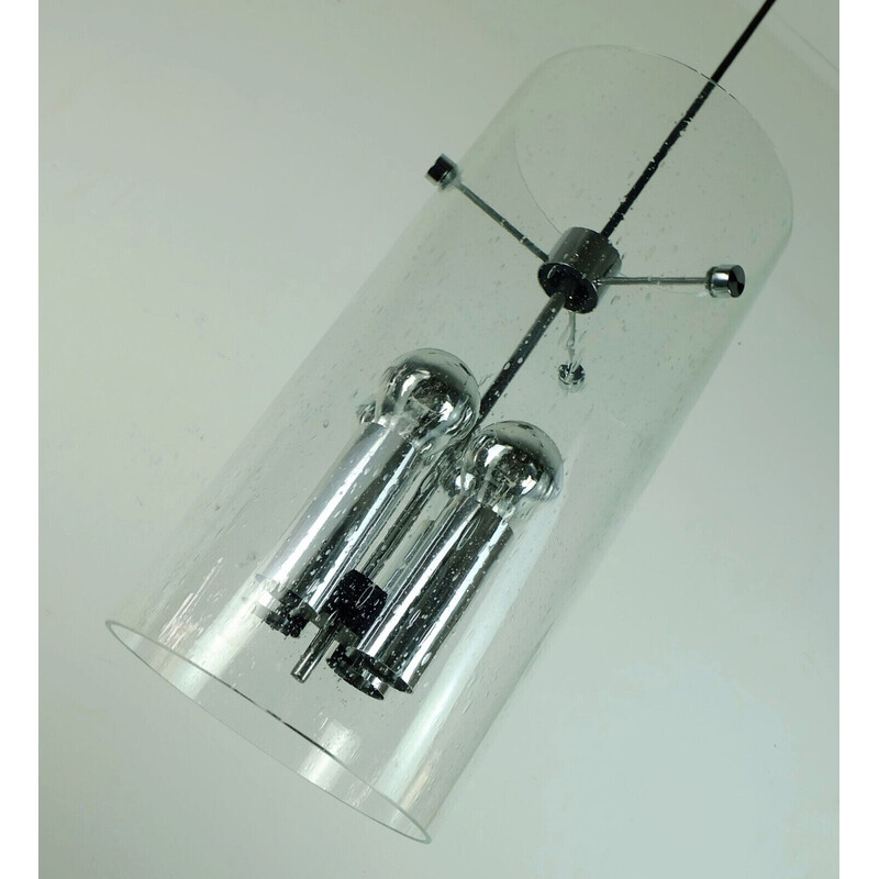 Vintage model 4399 cylindrical bubble glass shade and chrome pendant lamp by Glashuette Limburg, 1970s