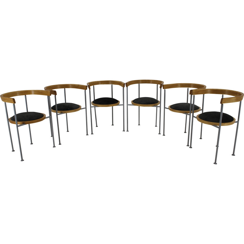 Set of 6 vintage wood and velvet chairs by Borge Lindau for Bla Station, Sweden 1990