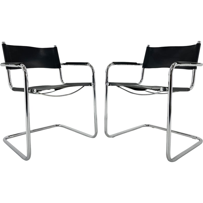 Pair of vintage leather and chrome armchairs by Mart Stam, Italy