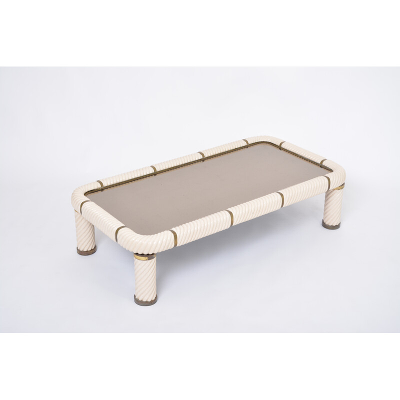 Vintage white ceramic and brass coffee table by Tommaso Barbi, 1970s