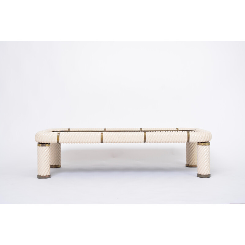 Vintage white ceramic and brass coffee table by Tommaso Barbi, 1970s