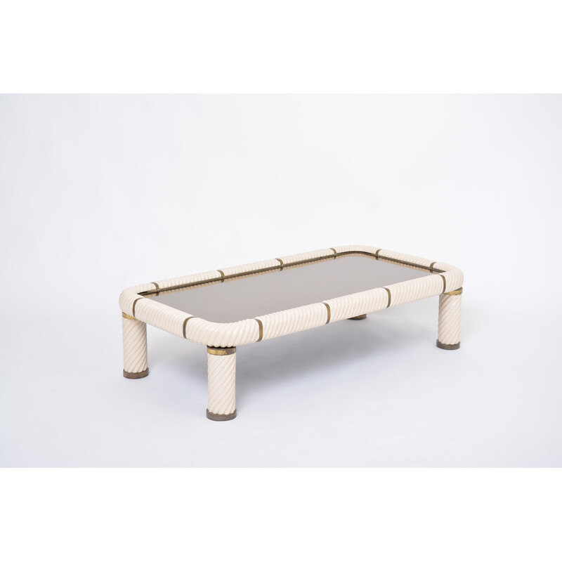 Vintage white ceramic and brass coffee table by Tommaso Barbi, 1970s