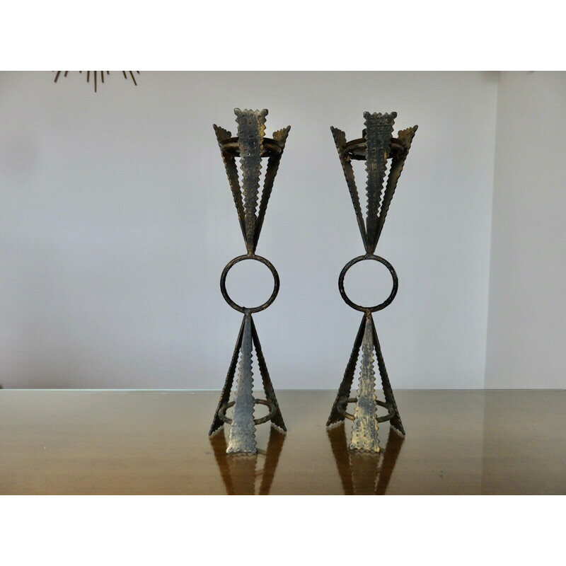 Pair of vintage brutalist steel candlesticks, France 1970