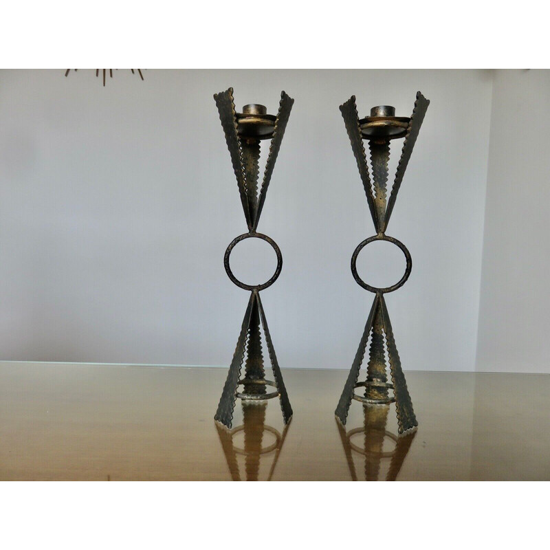 Pair of vintage brutalist steel candlesticks, France 1970