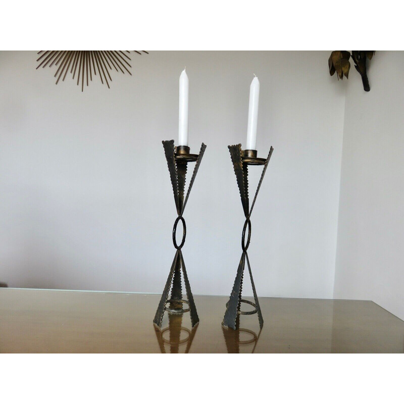 Pair of vintage brutalist steel candlesticks, France 1970