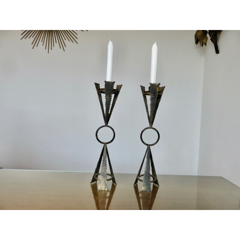 Pair of vintage brutalist steel candlesticks, France 1970