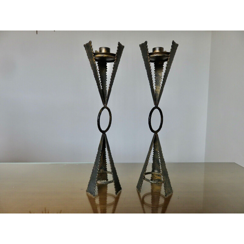 Pair of vintage brutalist steel candlesticks, France 1970