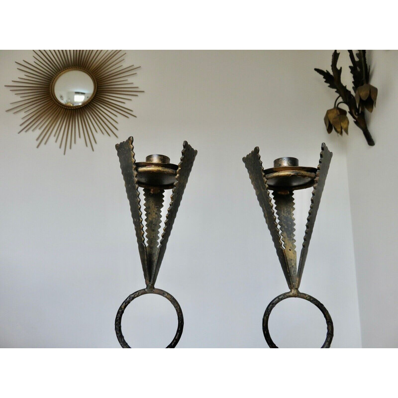 Pair of vintage brutalist steel candlesticks, France 1970