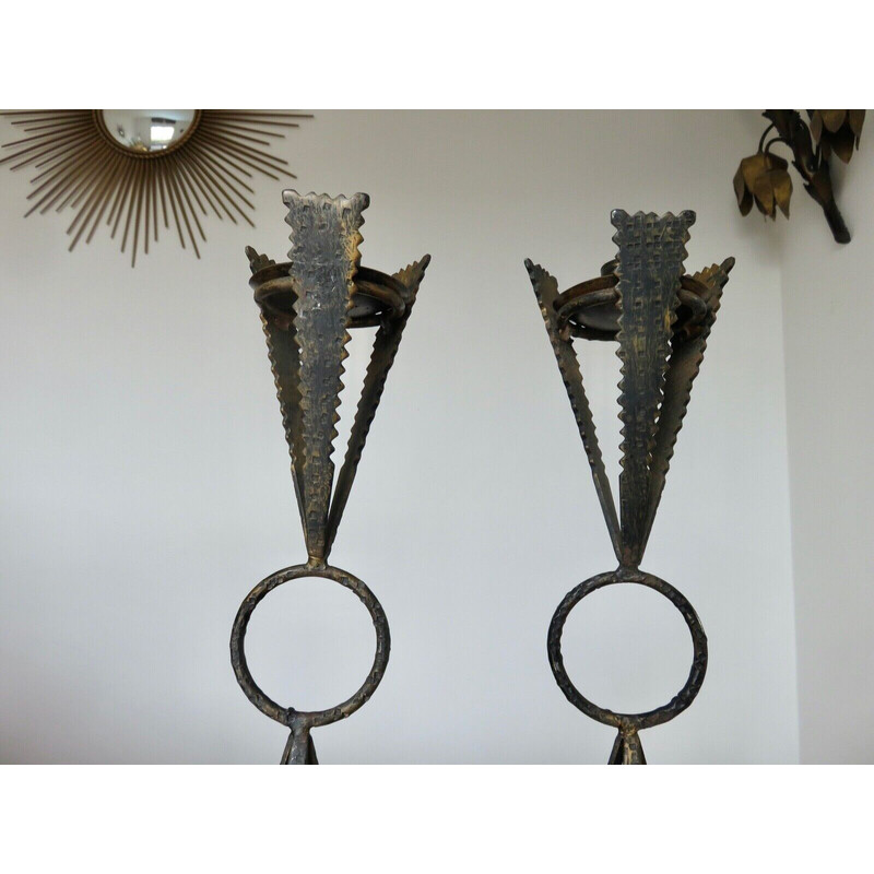 Pair of vintage brutalist steel candlesticks, France 1970