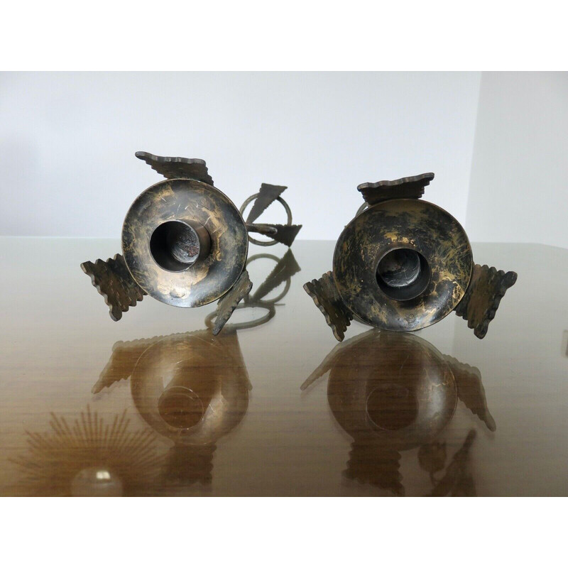 Pair of vintage brutalist steel candlesticks, France 1970