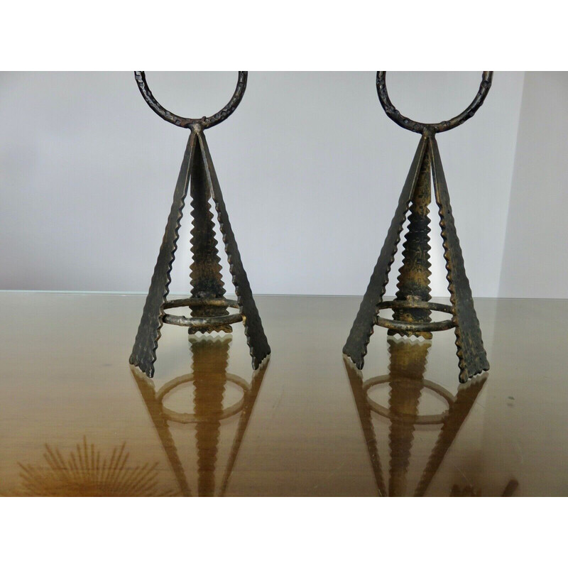 Pair of vintage brutalist steel candlesticks, France 1970