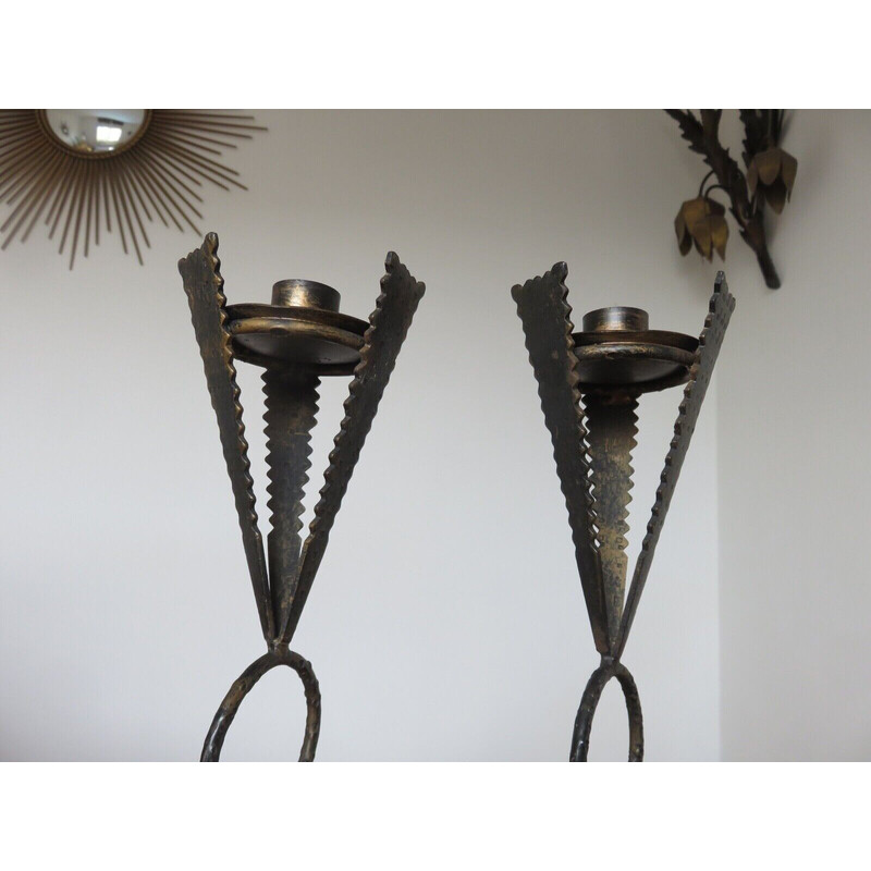 Pair of vintage brutalist steel candlesticks, France 1970