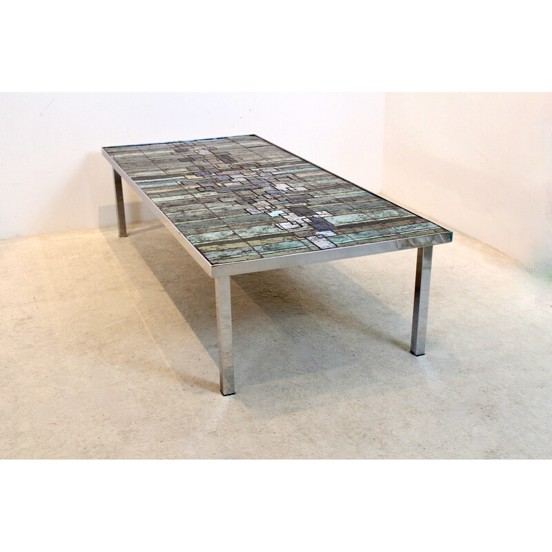 Vintage slate and ceramic mosaic artwork coffee table by Pia Manu for Amphora, Belgium 1970s