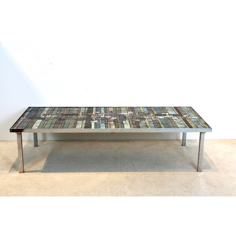 Vintage slate and ceramic mosaic artwork coffee table by Pia Manu for Amphora, Belgium 1970s