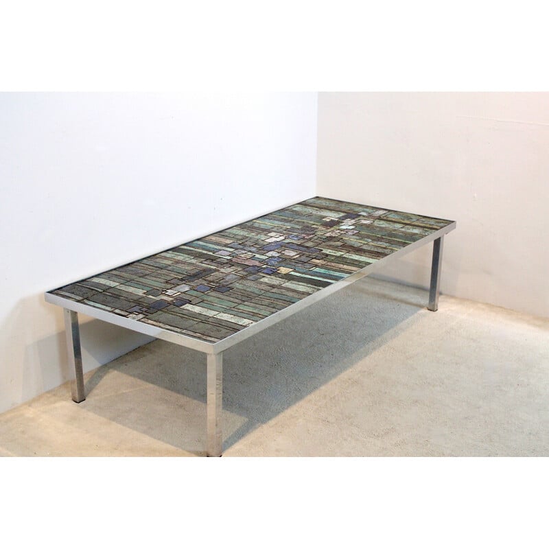 Vintage slate and ceramic mosaic artwork coffee table by Pia Manu for Amphora, Belgium 1970s