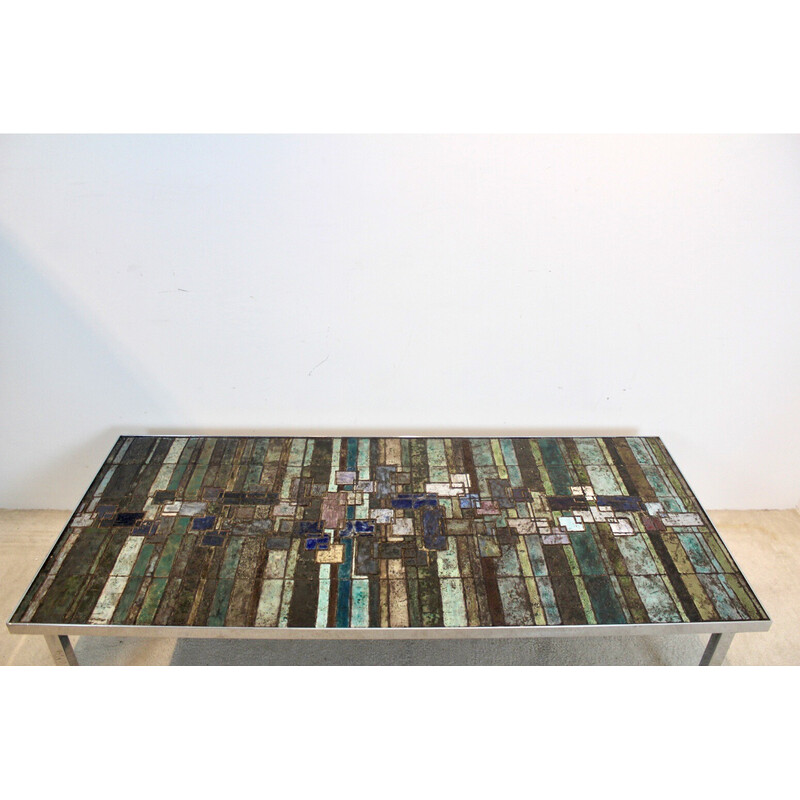Vintage slate and ceramic mosaic artwork coffee table by Pia Manu for Amphora, Belgium 1970s