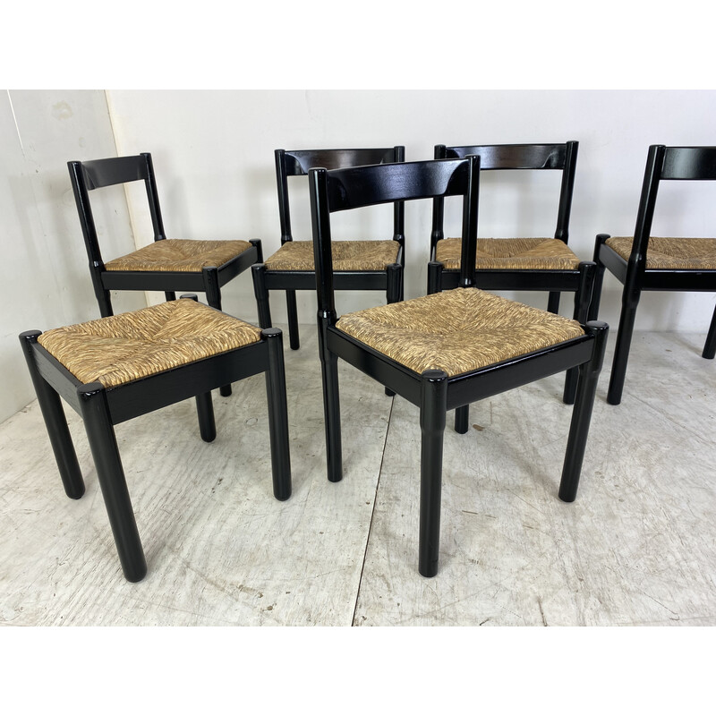 Set of 6 vintage black beechwood and papercord Carimate dining chairs by Vico Magistretti, 1960s