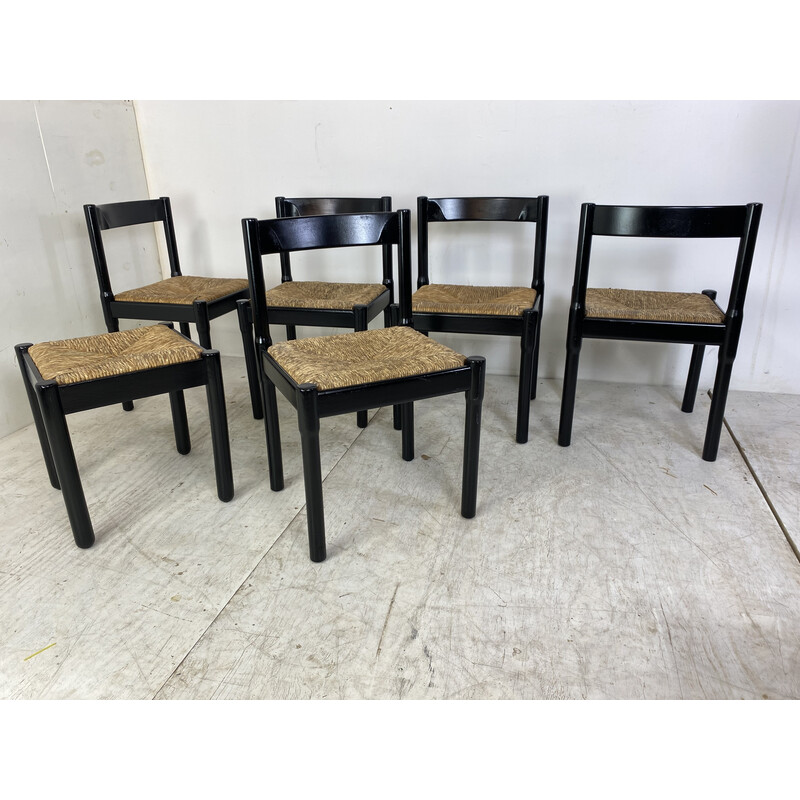 Set di 6 sedie da pranzo vintage in faggio nero e papercord Carimate di Vico Magistretti, anni '60