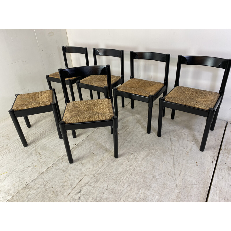 Set van 6 vintage zwart beukenhout en papercord Carimate eetkamerstoelen van Vico Magistretti, jaren 1960