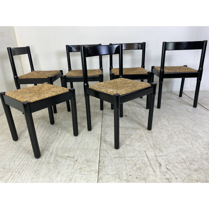 Set of 6 vintage black beechwood and papercord Carimate dining chairs by Vico Magistretti, 1960s