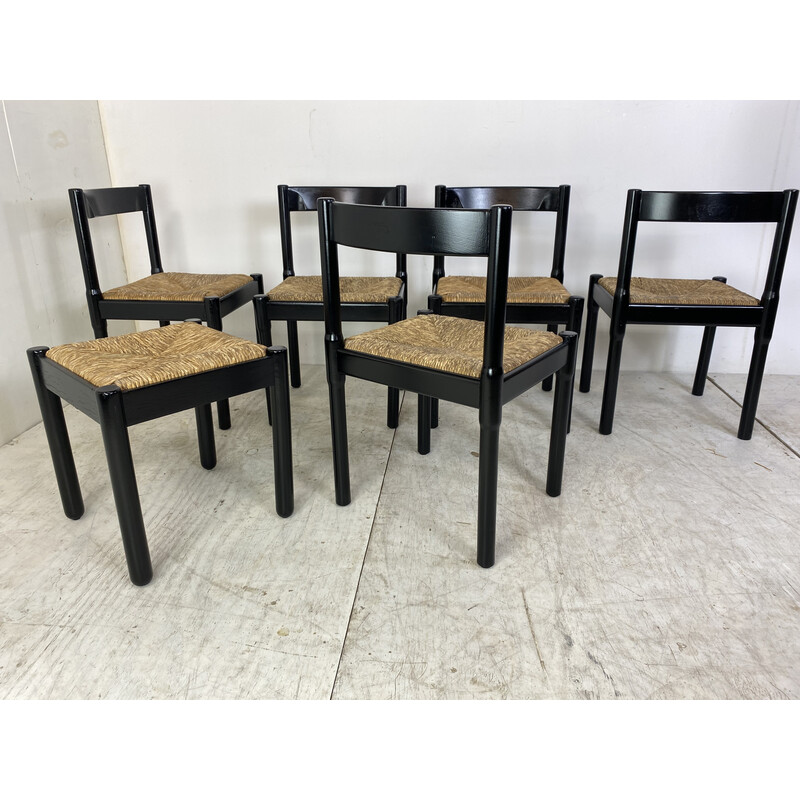 Set of 6 vintage black beechwood and papercord Carimate dining chairs by Vico Magistretti, 1960s