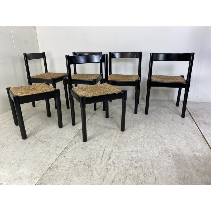 Ensemble de 6 chaises vintage Carimate en hêtre noir et corde de papier par Vico Magistretti, 1960