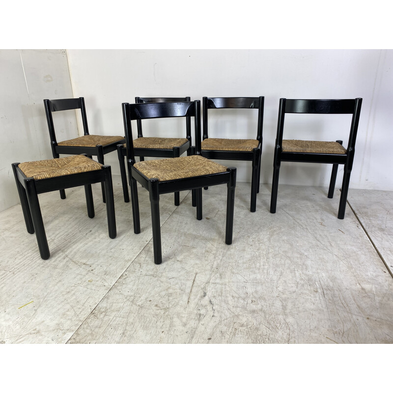 Juego de 6 sillas de comedor vintage de madera de haya negra y cuerda de papel Carimate de Vico Magistretti, años 60