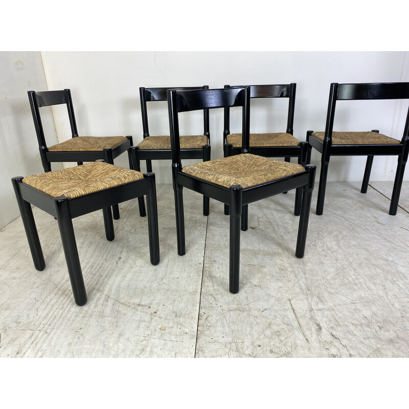 Ensemble de 6 chaises vintage Carimate en hêtre noir et corde de papier par Vico Magistretti, 1960