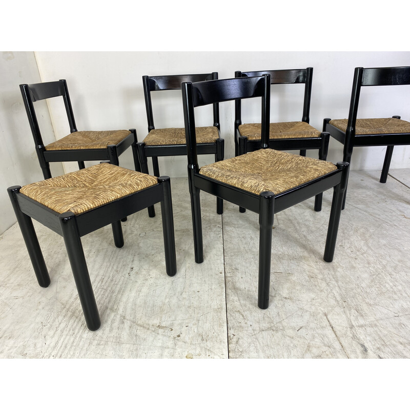 6 Esstischstühle aus schwarzem Buchenholz und Papierkordel Carimate von Vico Magistretti, 1960er Jahre
