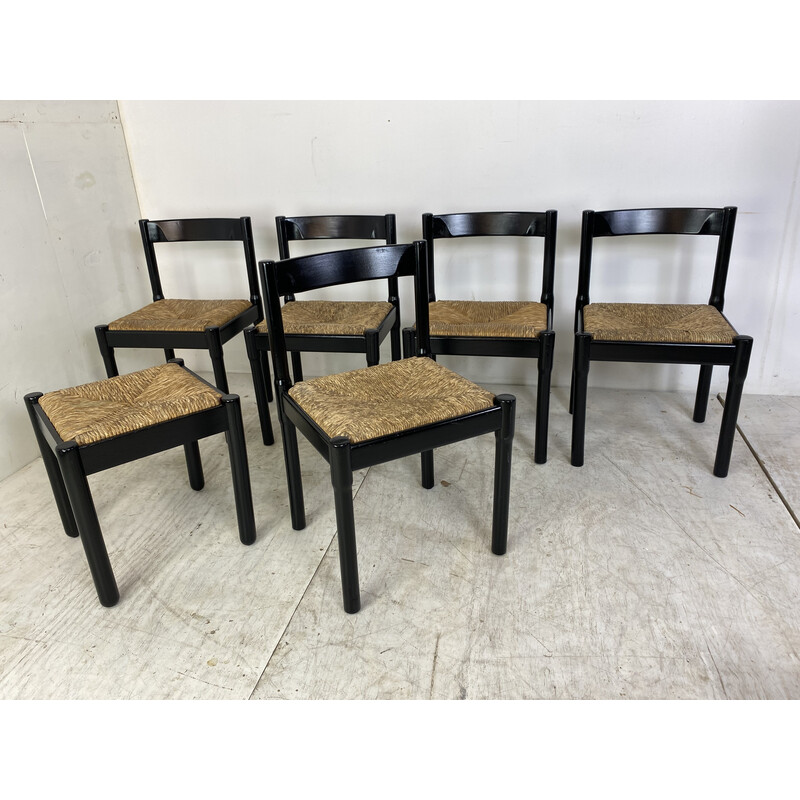 Conjunto de 6 cadeiras de jantar em madeira preta de faia e papercord Carimate da Vico Magistretti, década de 1960