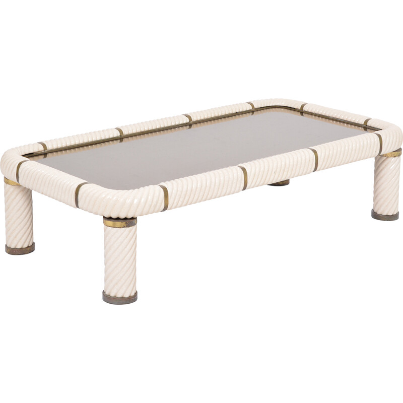 Vintage white ceramic and brass coffee table by Tommaso Barbi, 1970s