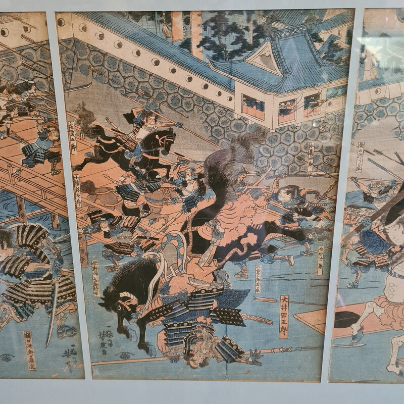 Triptyque japonais vintage gravé sur bois par Utagawa Yoshitora