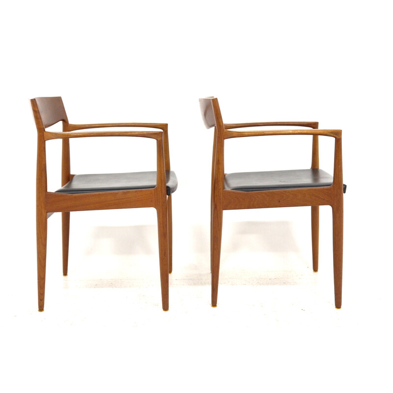 Paar Scandinavische vintage teakhouten en lederen bureaustoelen, Denemarken 1960