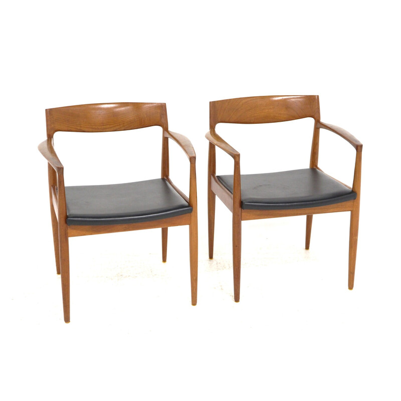 Paar Scandinavische vintage teakhouten en lederen bureaustoelen, Denemarken 1960