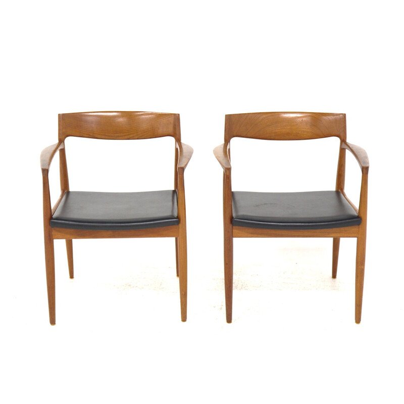 Paar Scandinavische vintage teakhouten en lederen bureaustoelen, Denemarken 1960